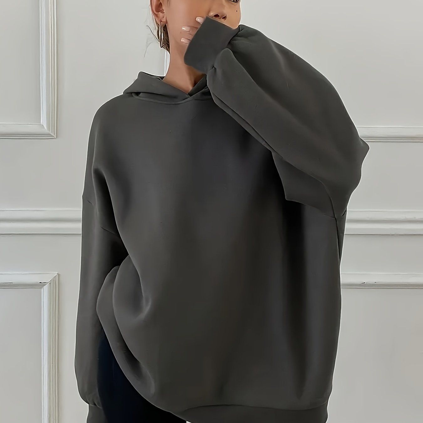Women'S Casual Loose Hooded Sweatshirt - Autumn And Winter Comfortable Fleece Lined Pullover, Solid Color Loose Fit   OAXG Light Grey / S