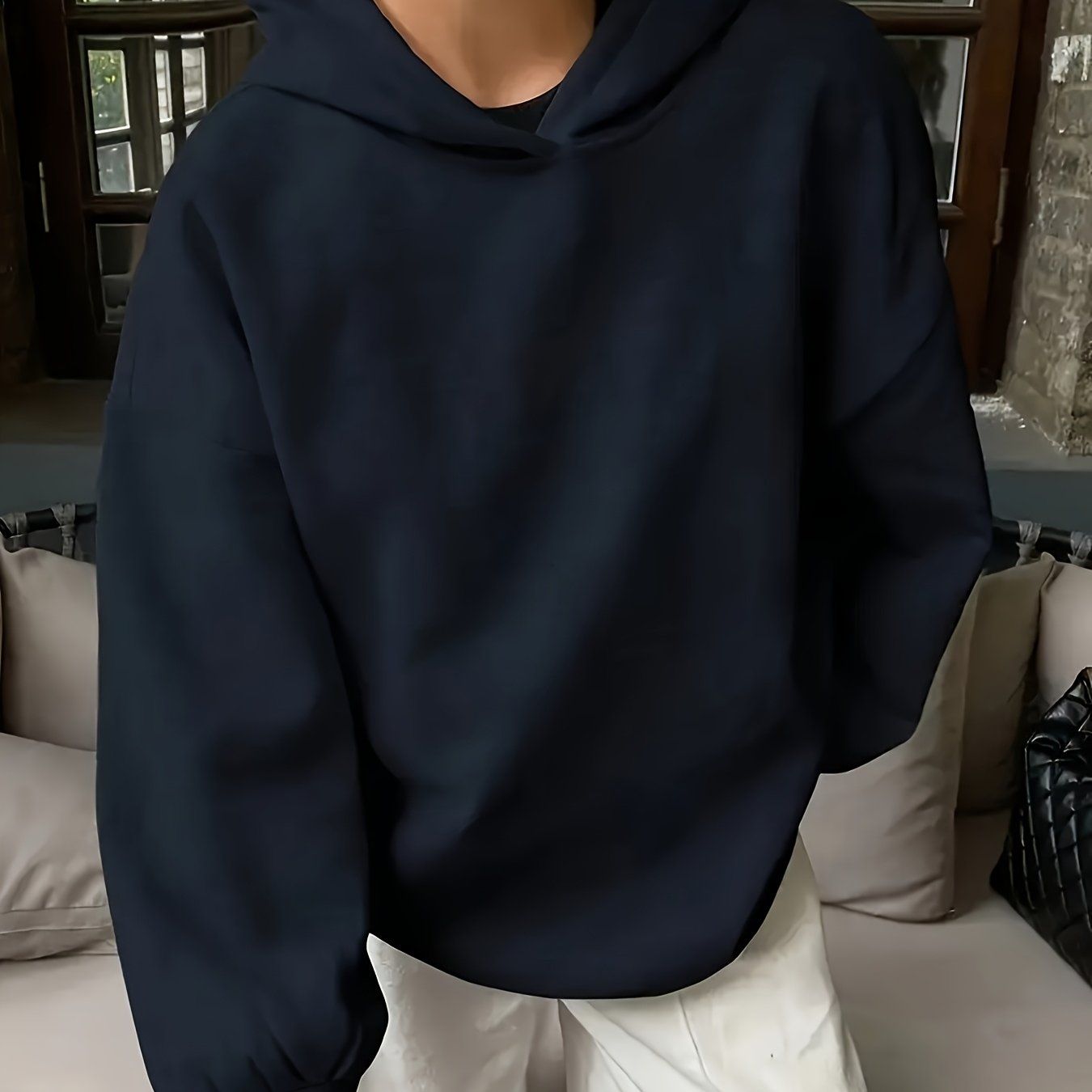 Women'S Casual Loose Hooded Sweatshirt - Autumn And Winter Comfortable Fleece Lined Pullover, Solid Color Loose Fit   OAXG Light Grey / S