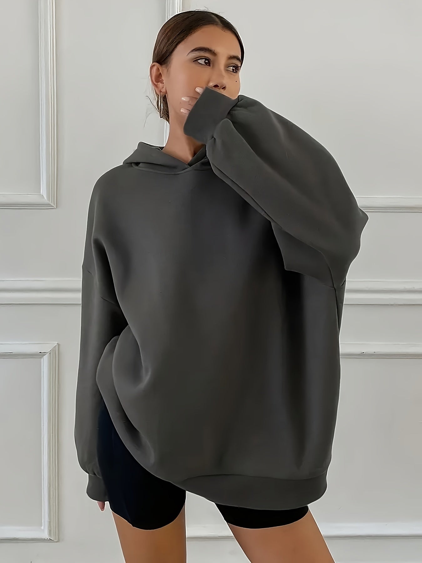 Women'S Casual Loose Hooded Sweatshirt - Autumn And Winter Comfortable Fleece Lined Pullover, Solid Color Loose Fit   OAXG Light Grey / S