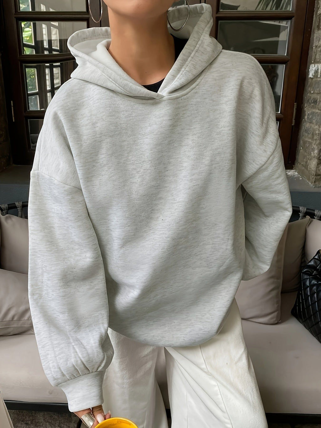 Women'S Casual Loose Hooded Sweatshirt - Autumn And Winter Comfortable Fleece Lined Pullover, Solid Color Loose Fit   OAXG Light Grey / S