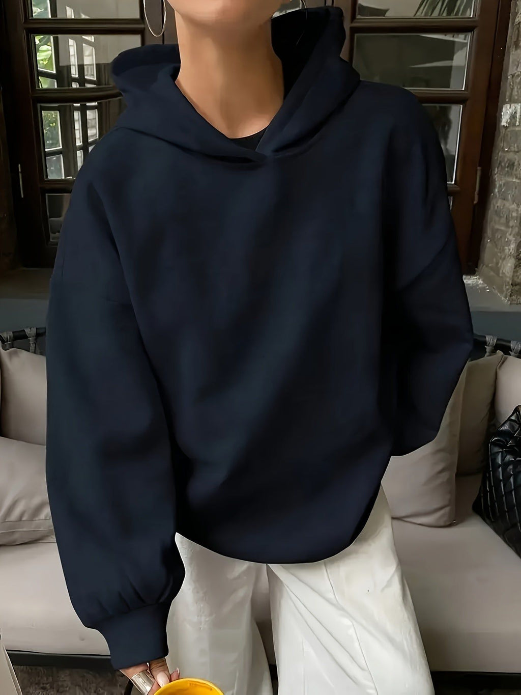 Women'S Casual Loose Hooded Sweatshirt - Autumn And Winter Comfortable Fleece Lined Pullover, Solid Color Loose Fit   OAXG Light Grey / S
