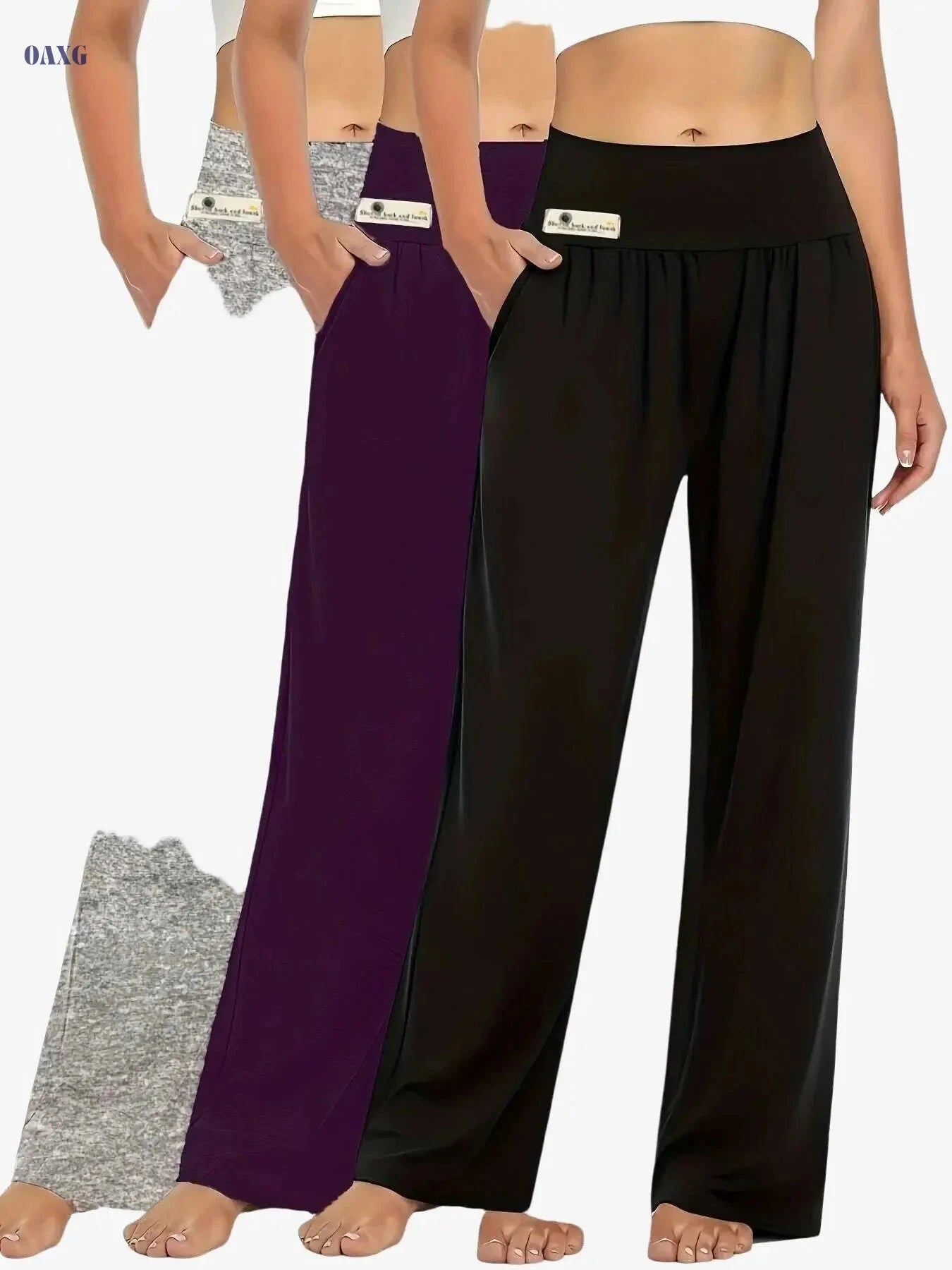 Women's Casual Loose Pants - 3-Pack Breathable Joggers, Elastic Waist   OAXG Black/purple/grey / XS