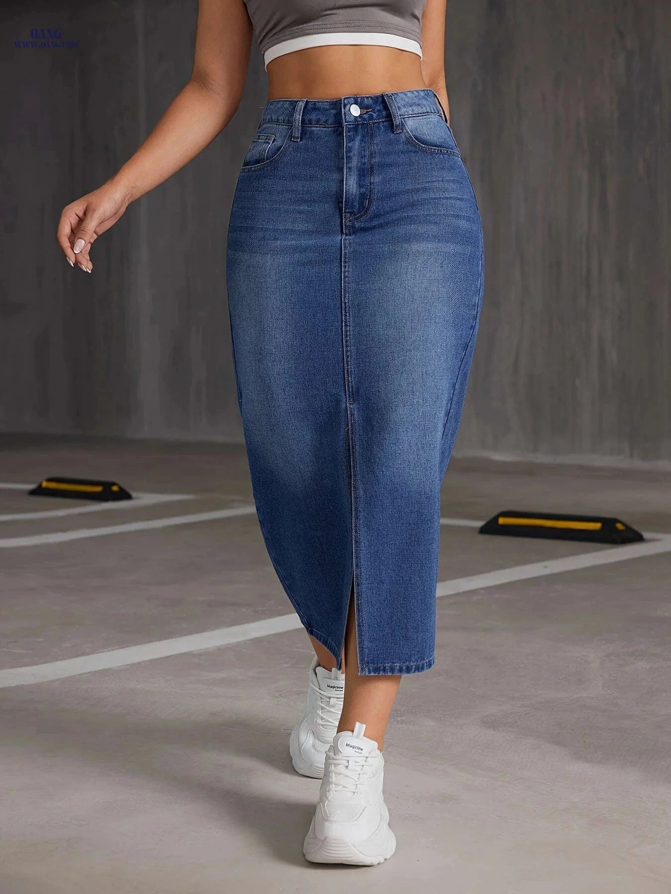 Women's Casual Mid-Length Denim Skirt - Side Slit & Button Detail   OAXG 