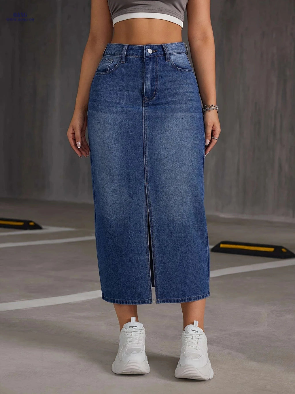 Women's Casual Mid-Length Denim Skirt - Side Slit & Button Detail   OAXG Medium Blue / S