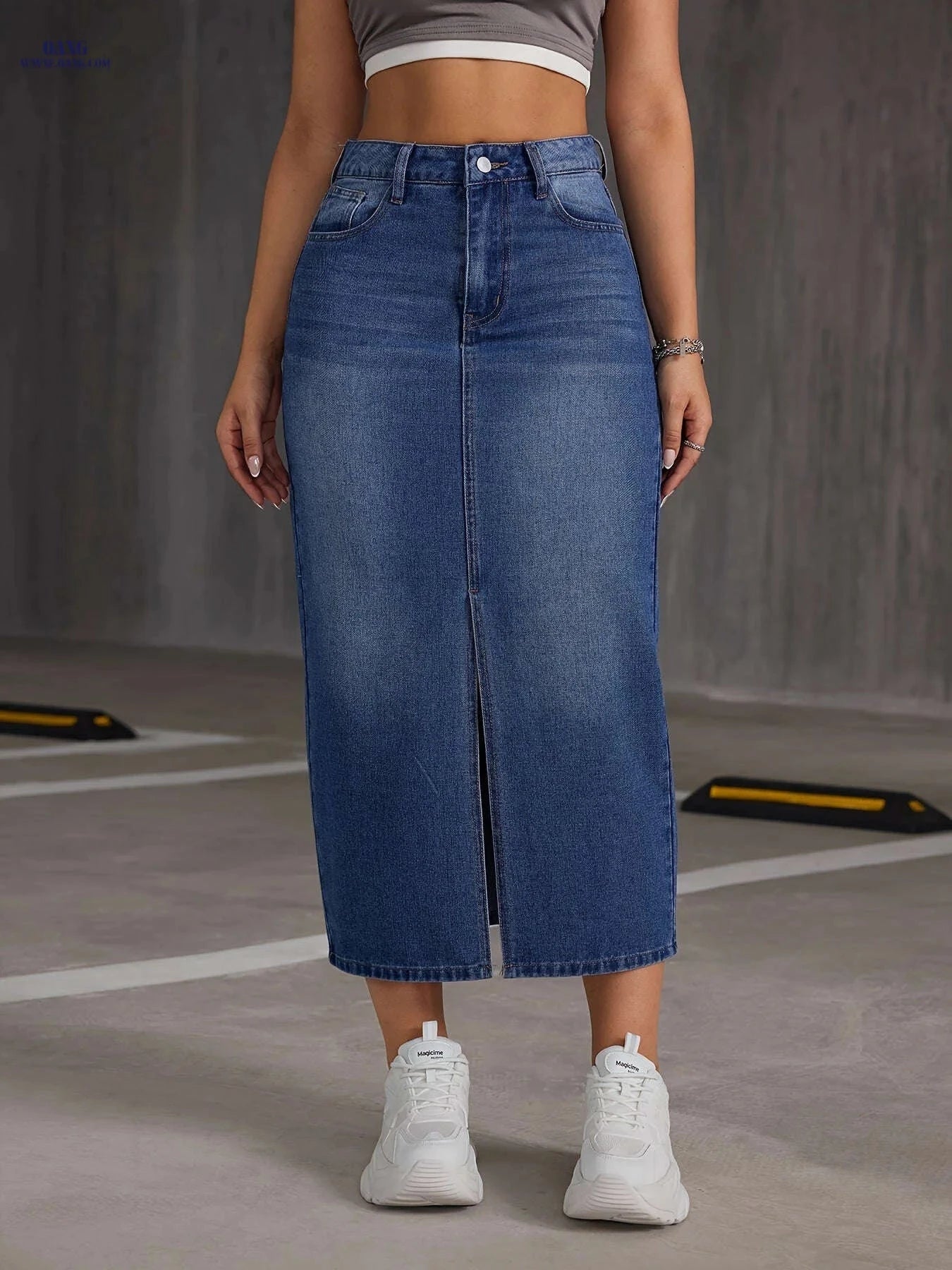 Women's Casual Mid-Length Denim Skirt - Side Slit & Button Detail   OAXG Medium Blue / S