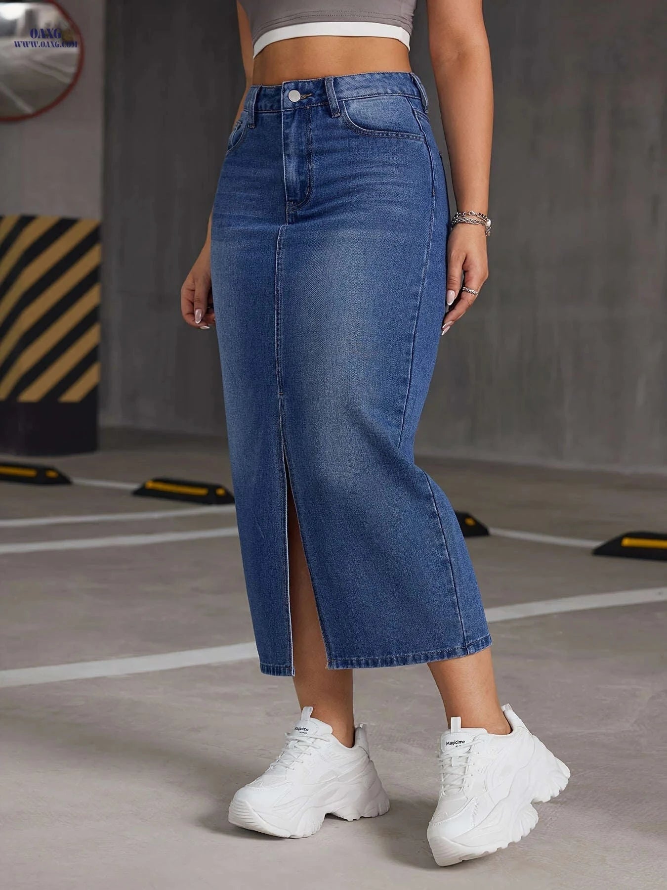 Women's Casual Mid-Length Denim Skirt - Side Slit & Button Detail   OAXG Medium Blue / S