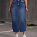Women's Casual Mid-Length Denim Skirt - Side Slit & Button Detail   OAXG Medium Blue / S