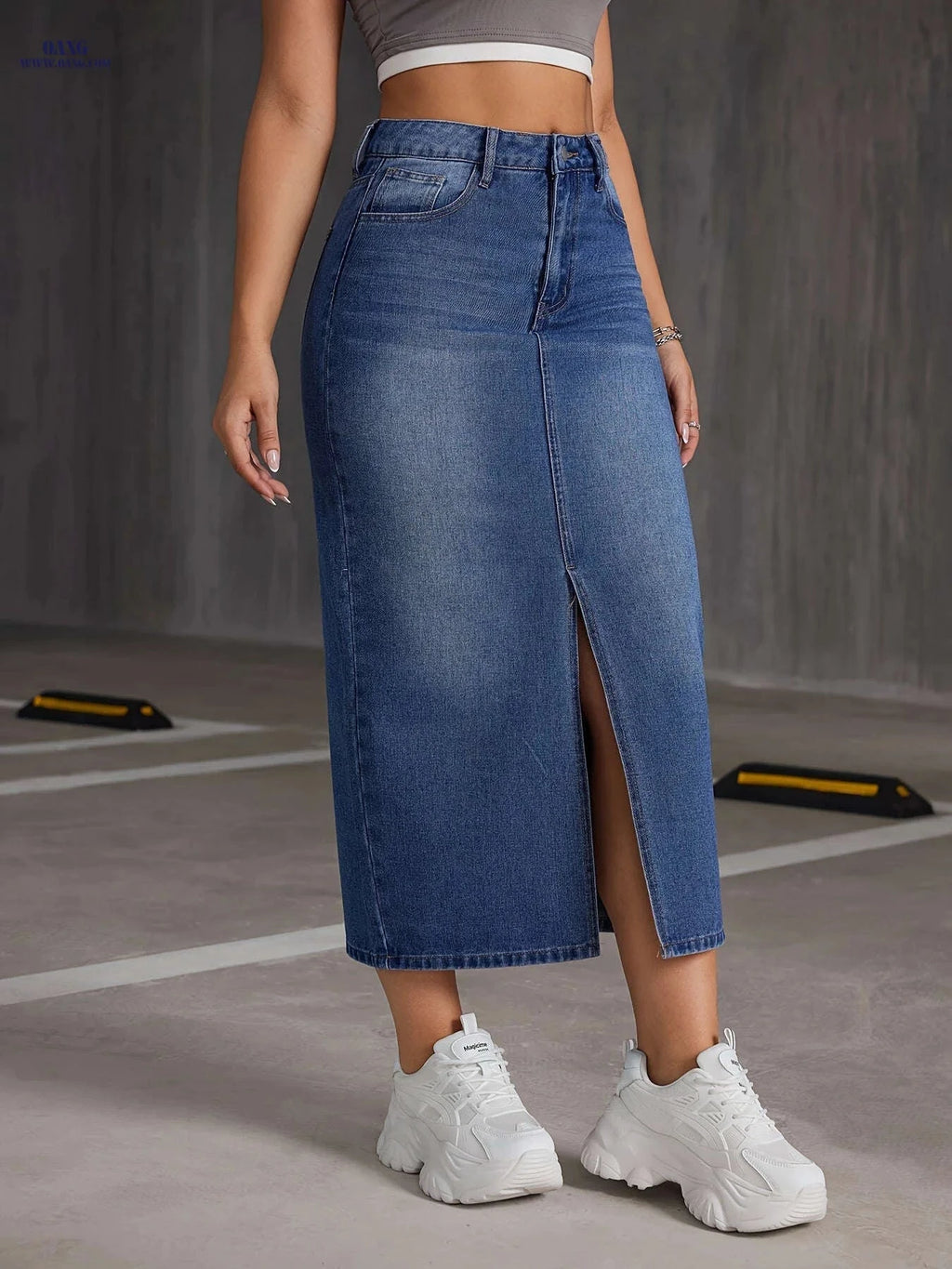 Women's Casual Mid-Length Denim Skirt - Side Slit & Button Detail   OAXG Medium Blue / S