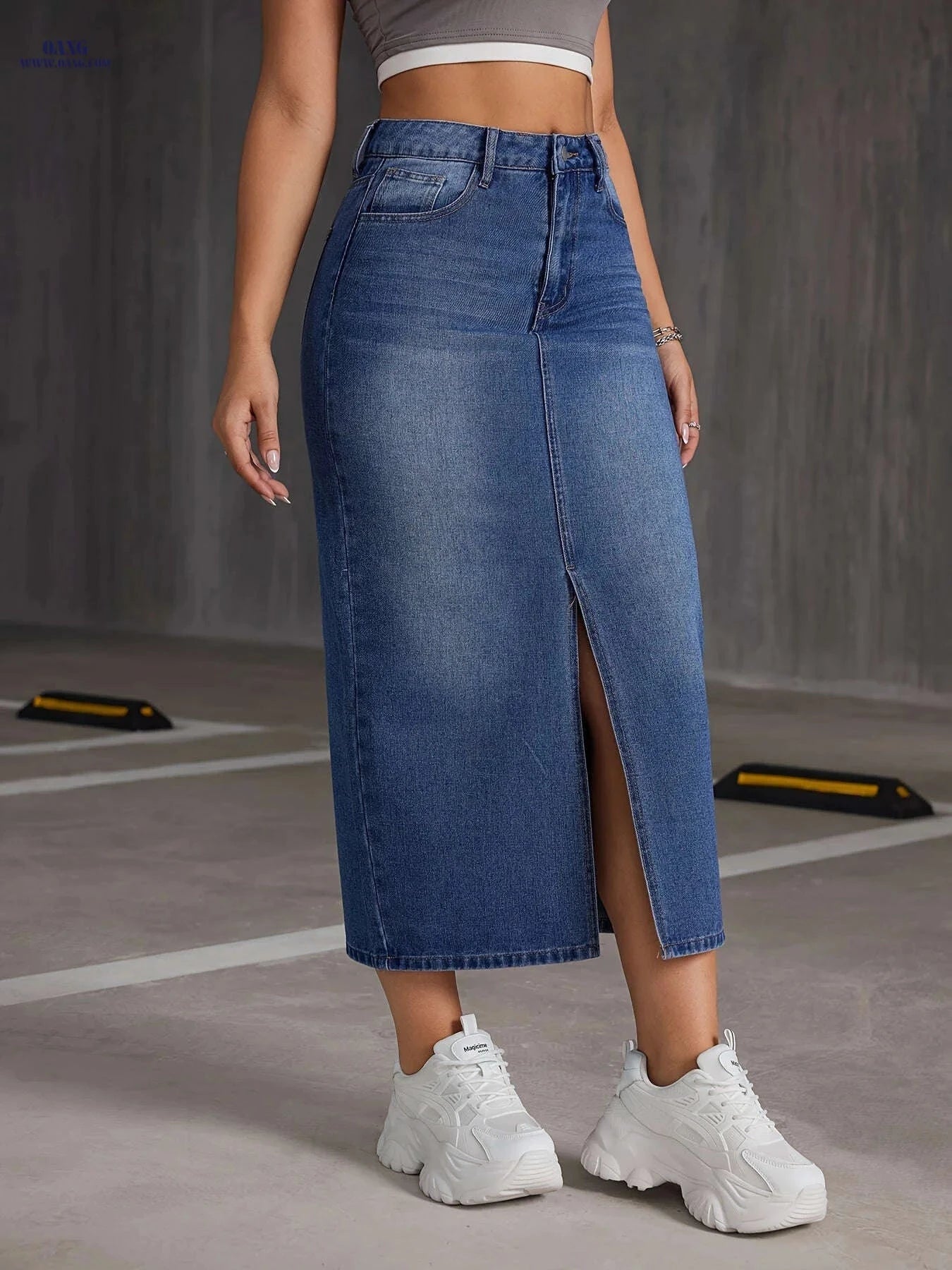 Women's Casual Mid-Length Denim Skirt - Side Slit & Button Detail   OAXG Medium Blue / S