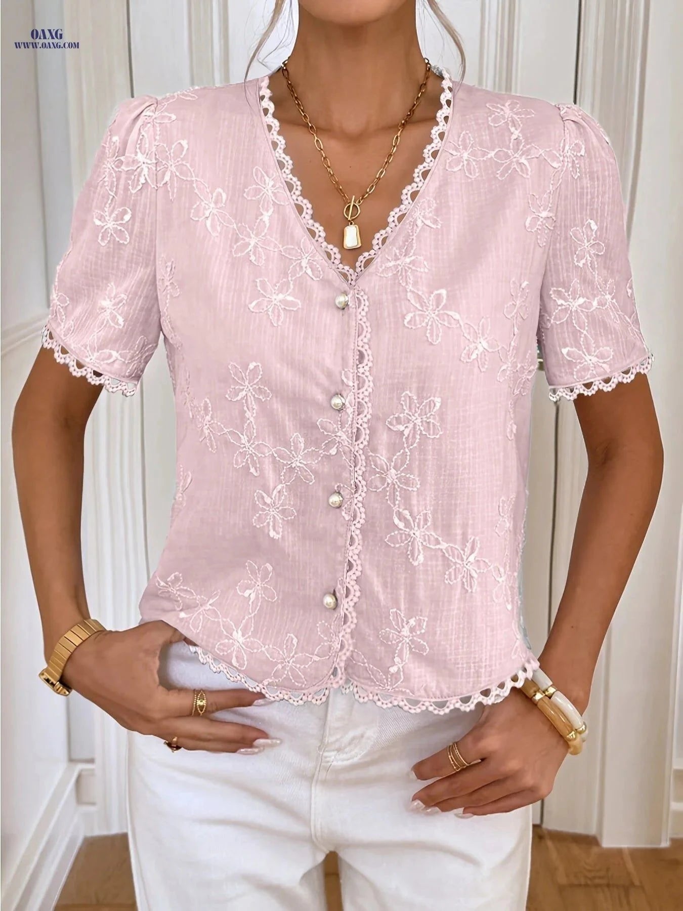 Women's Casual Open Front Shirt - Elegant Summer Top, Button-Up Design   OAXG Light Blue / S