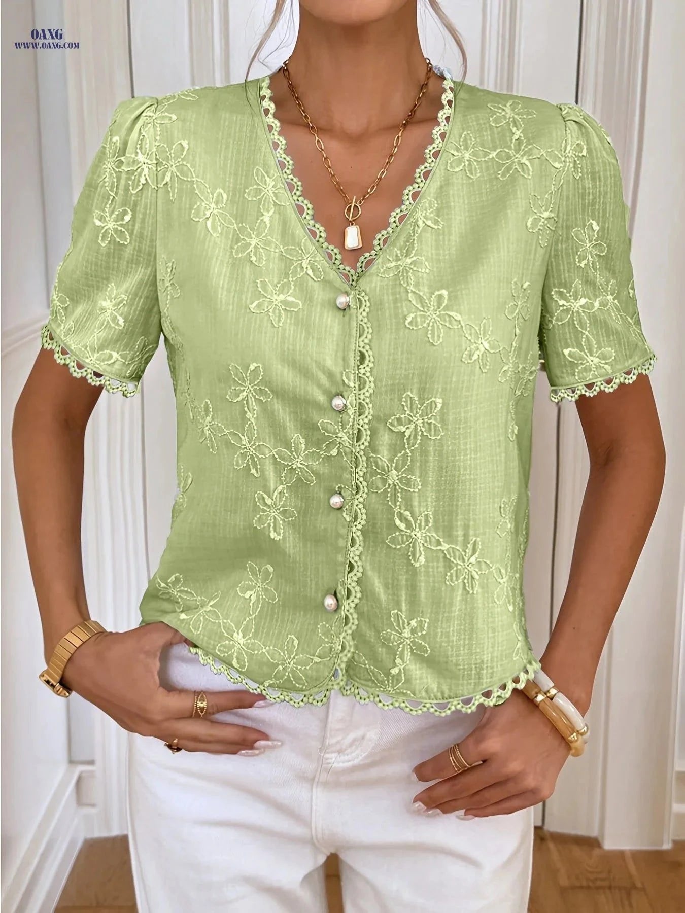 Women's Casual Open Front Shirt - Elegant Summer Top, Button-Up Design   OAXG Light Blue / S