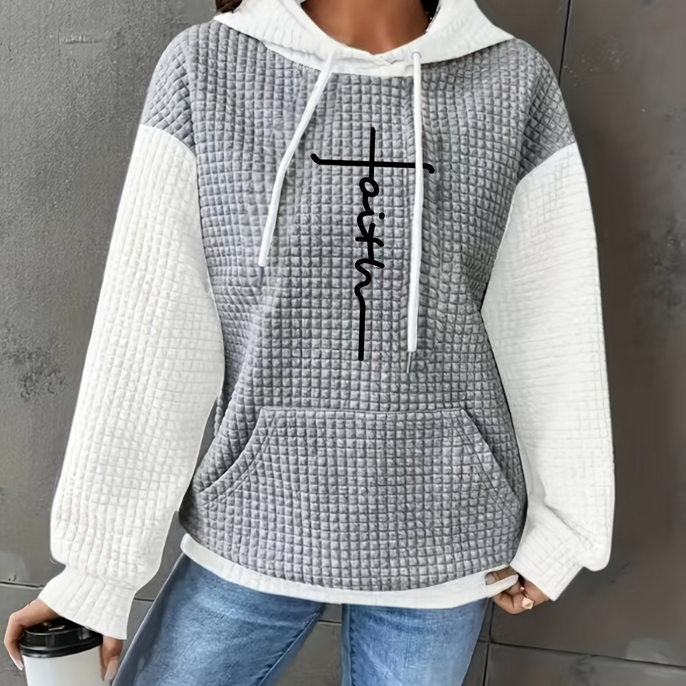 Women's Casual Oversized Hoodie with Checkered Texture & Letter Print, Kangaroo Pocket, Long Sleeve Loose Fit Sweatshirt for Fall Winter, Machine Washable, Fall Fashion, Relaxed Style, Comfortable Texture, Print Sweatshirt, Cozy Wear   OAXG 