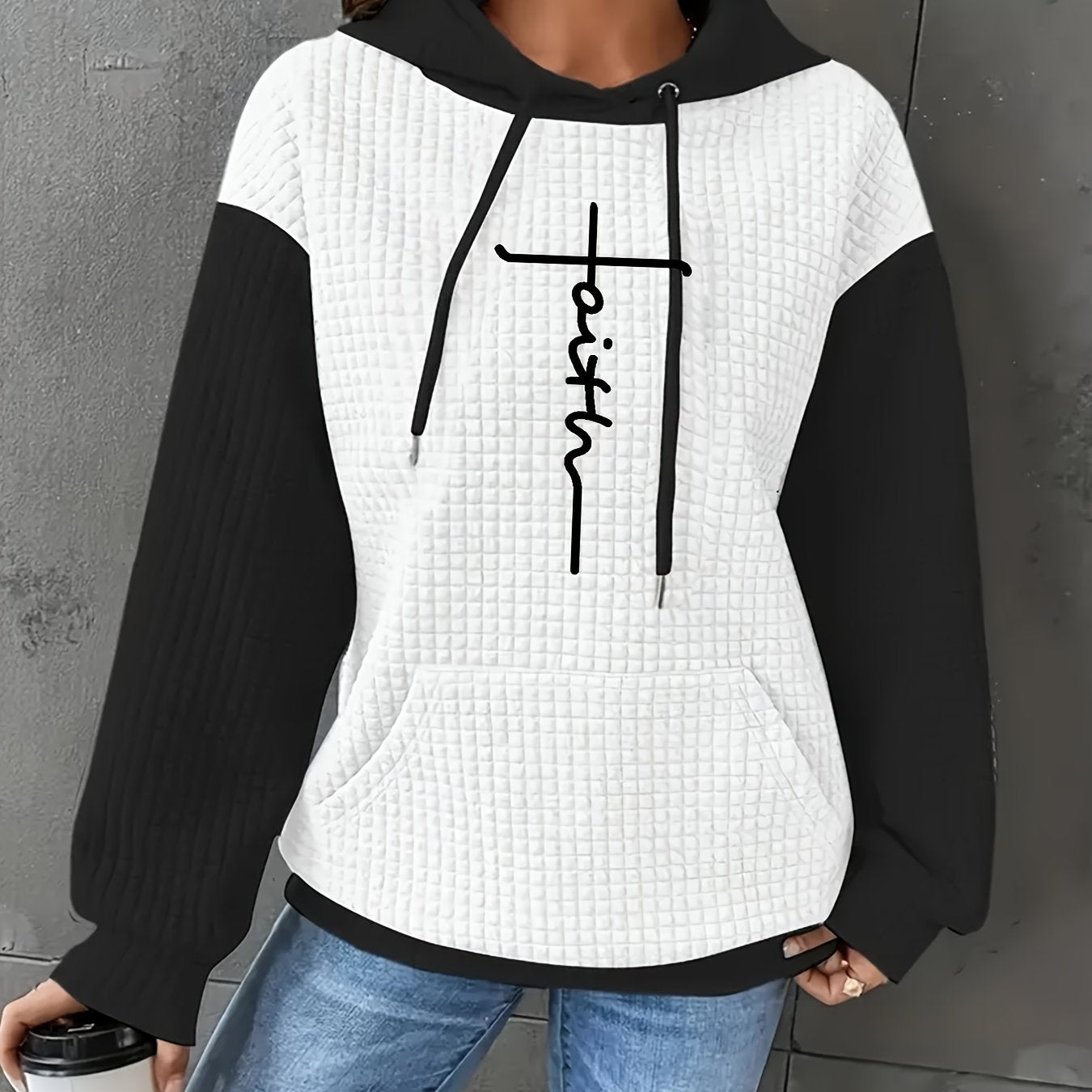 Women's Casual Oversized Hoodie with Checkered Texture & Letter Print, Kangaroo Pocket, Long Sleeve Loose Fit Sweatshirt for Fall Winter, Machine Washable, Fall Fashion, Relaxed Style, Comfortable Texture, Print Sweatshirt, Cozy Wear   OAXG 