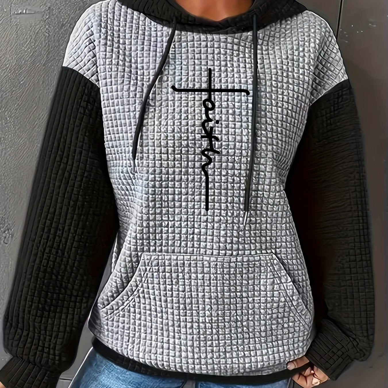 Women's Casual Oversized Hoodie with Checkered Texture & Letter Print, Kangaroo Pocket, Long Sleeve Loose Fit Sweatshirt for Fall Winter, Machine Washable, Fall Fashion, Relaxed Style, Comfortable Texture, Print Sweatshirt, Cozy Wear   OAXG 