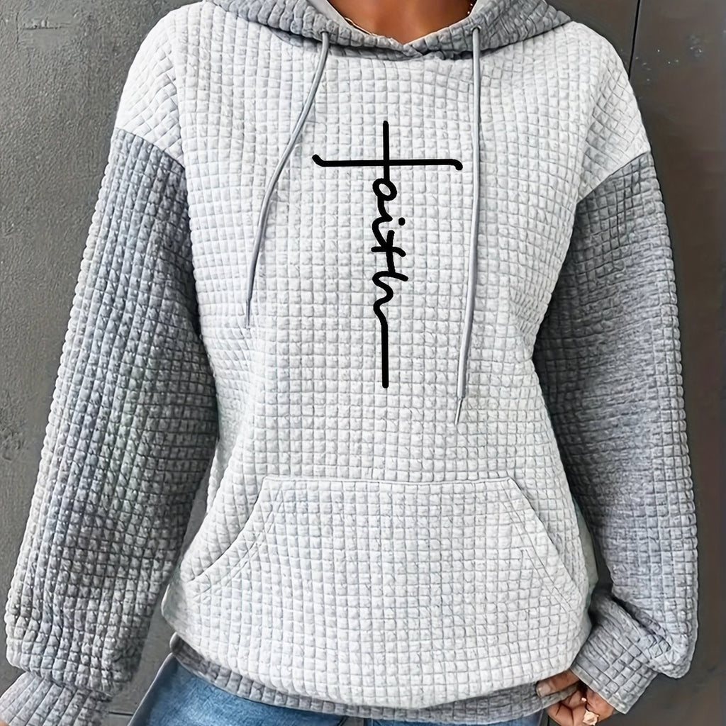 Women's Casual Oversized Hoodie with Checkered Texture & Letter Print, Kangaroo Pocket, Long Sleeve Loose Fit Sweatshirt for Fall Winter, Machine Washable, Fall Fashion, Relaxed Style, Comfortable Texture, Print Sweatshirt, Cozy Wear   OAXG 