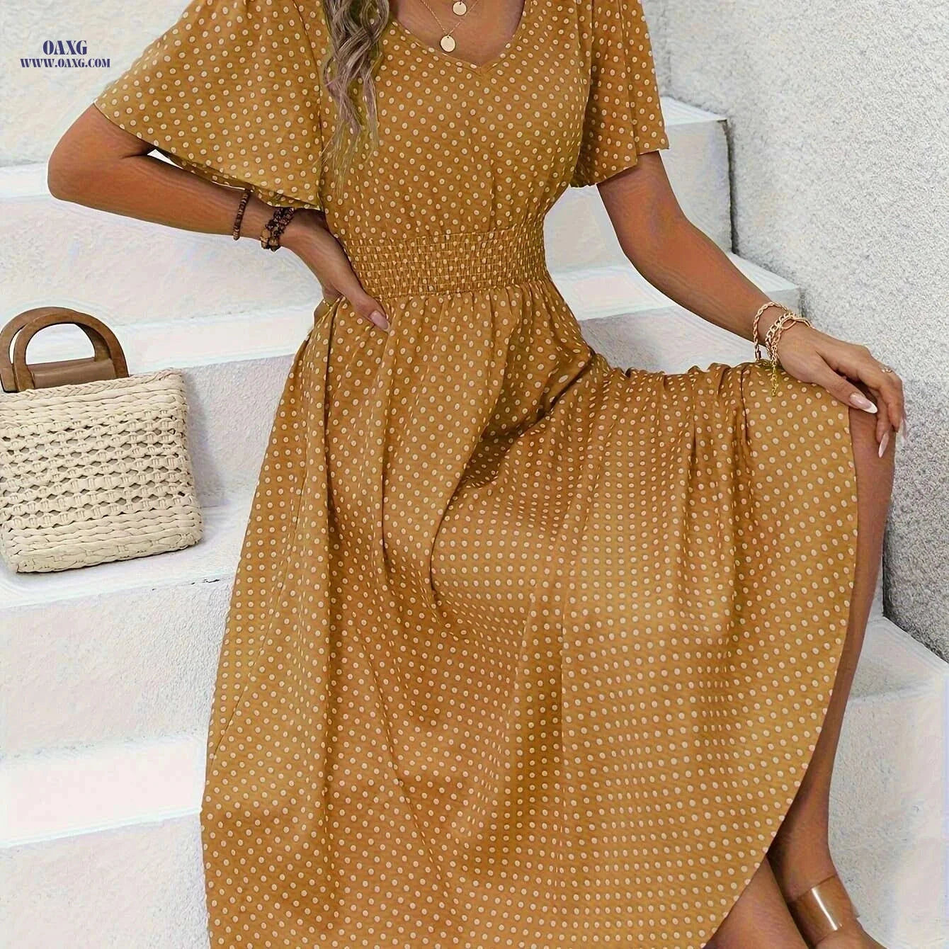 Women's Casual Polka Dot Dress - V-Neck, 100% Polyester   OAXG 