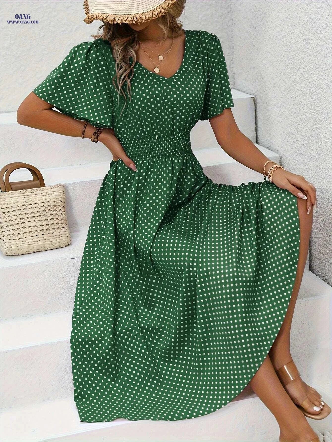 Women's Casual Polka Dot Dress - V-Neck, 100% Polyester   OAXG 