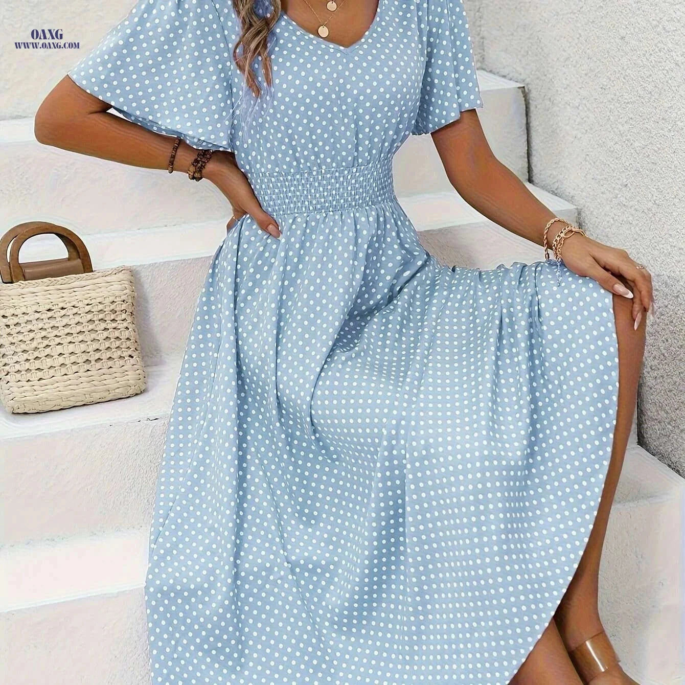 Women's Casual Polka Dot Dress - V-Neck, 100% Polyester   OAXG 