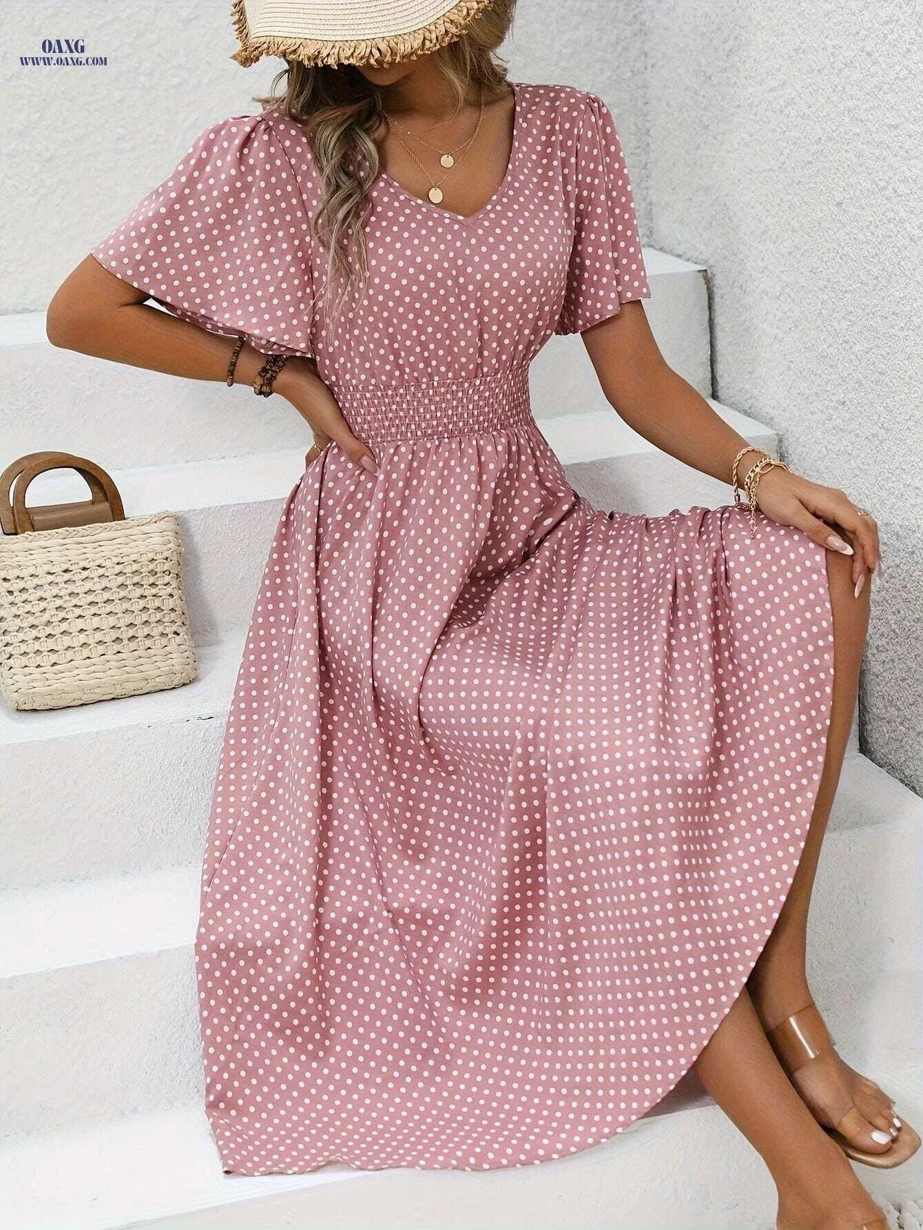 Women's Casual Polka Dot Dress - V-Neck, 100% Polyester   OAXG 