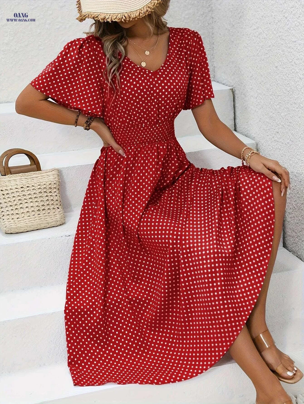 Women's Casual Polka Dot Dress - V-Neck, 100% Polyester   OAXG 