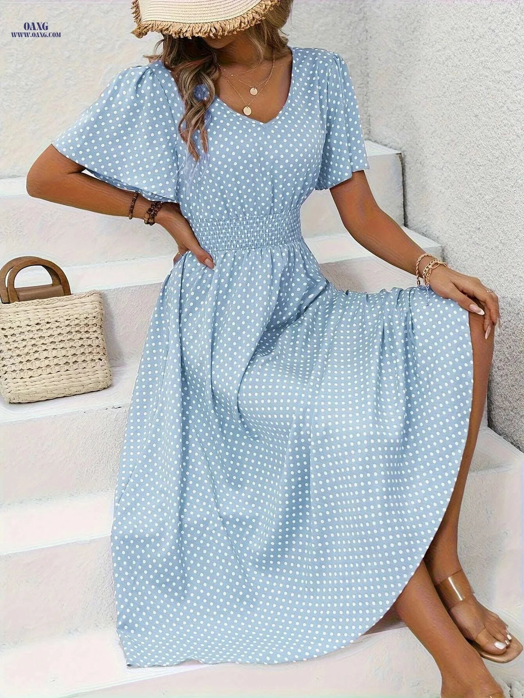 Women's Casual Polka Dot Dress - V-Neck, 100% Polyester   OAXG Pale Pinkish Gray / S