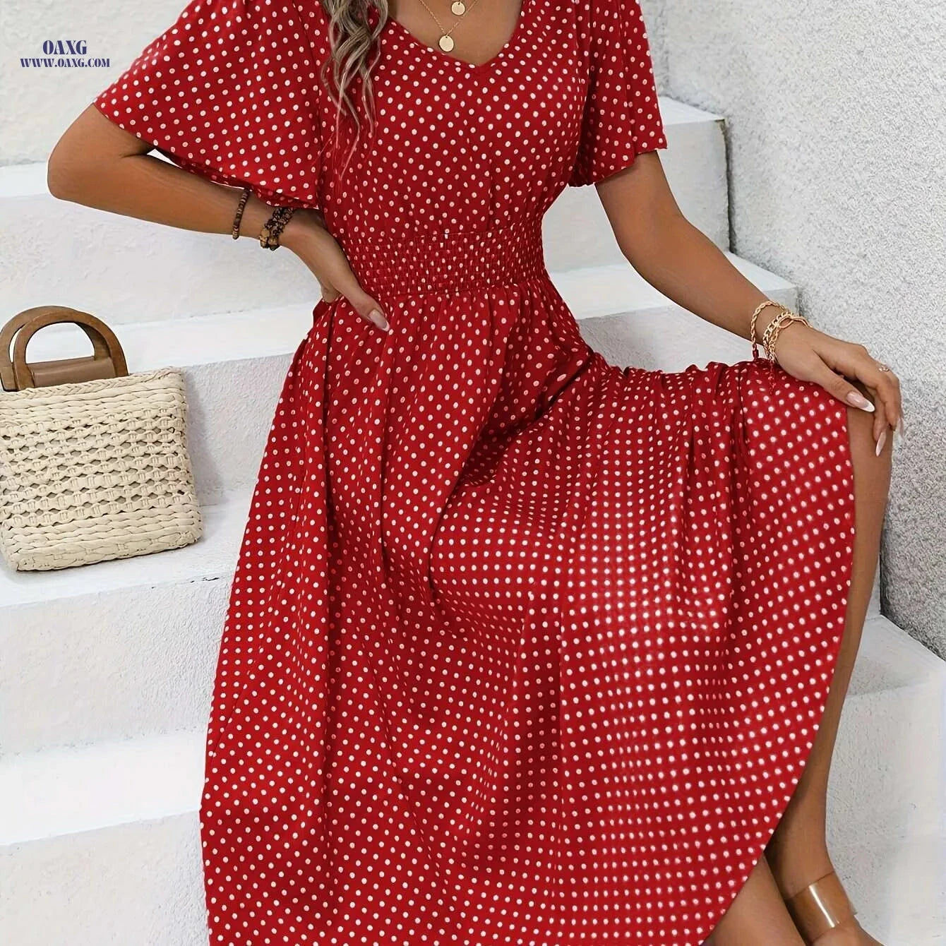Women's Casual Polka Dot Dress - V-Neck, 100% Polyester   OAXG Pale Pinkish Gray / S