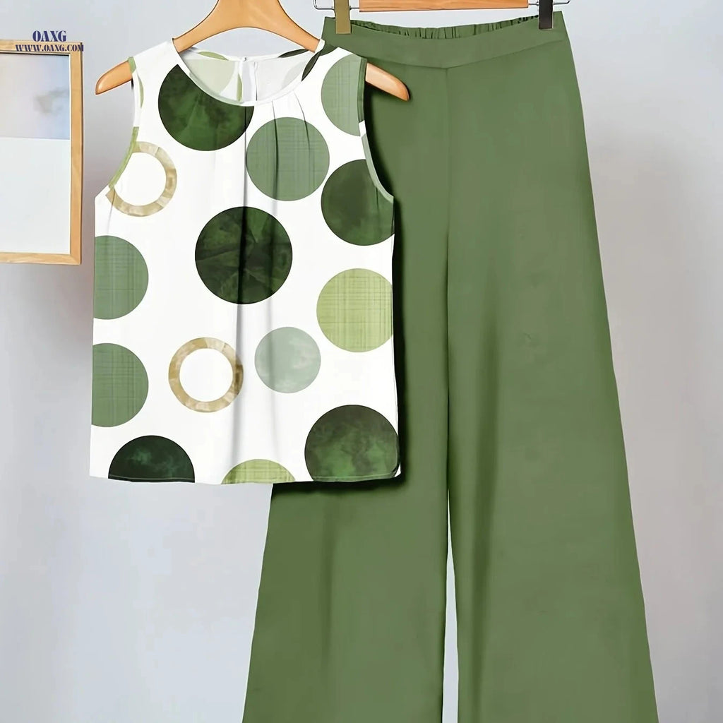 Women's Casual Polka Dot Set - Sleeveless Top & High-Waist Pants   OAXG Olive Green / S