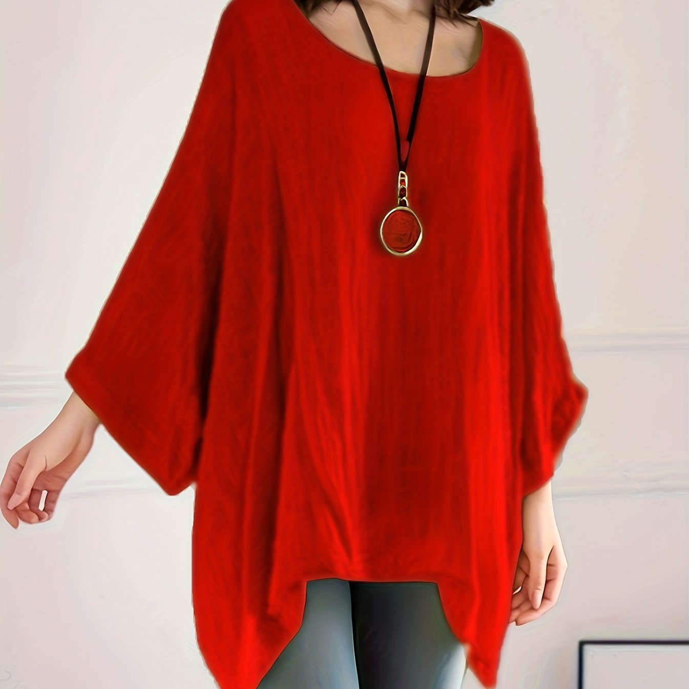 Women's Casual Polyester Tunic Top - Long Sleeve, Batwing Sleeve Style   OAXG 