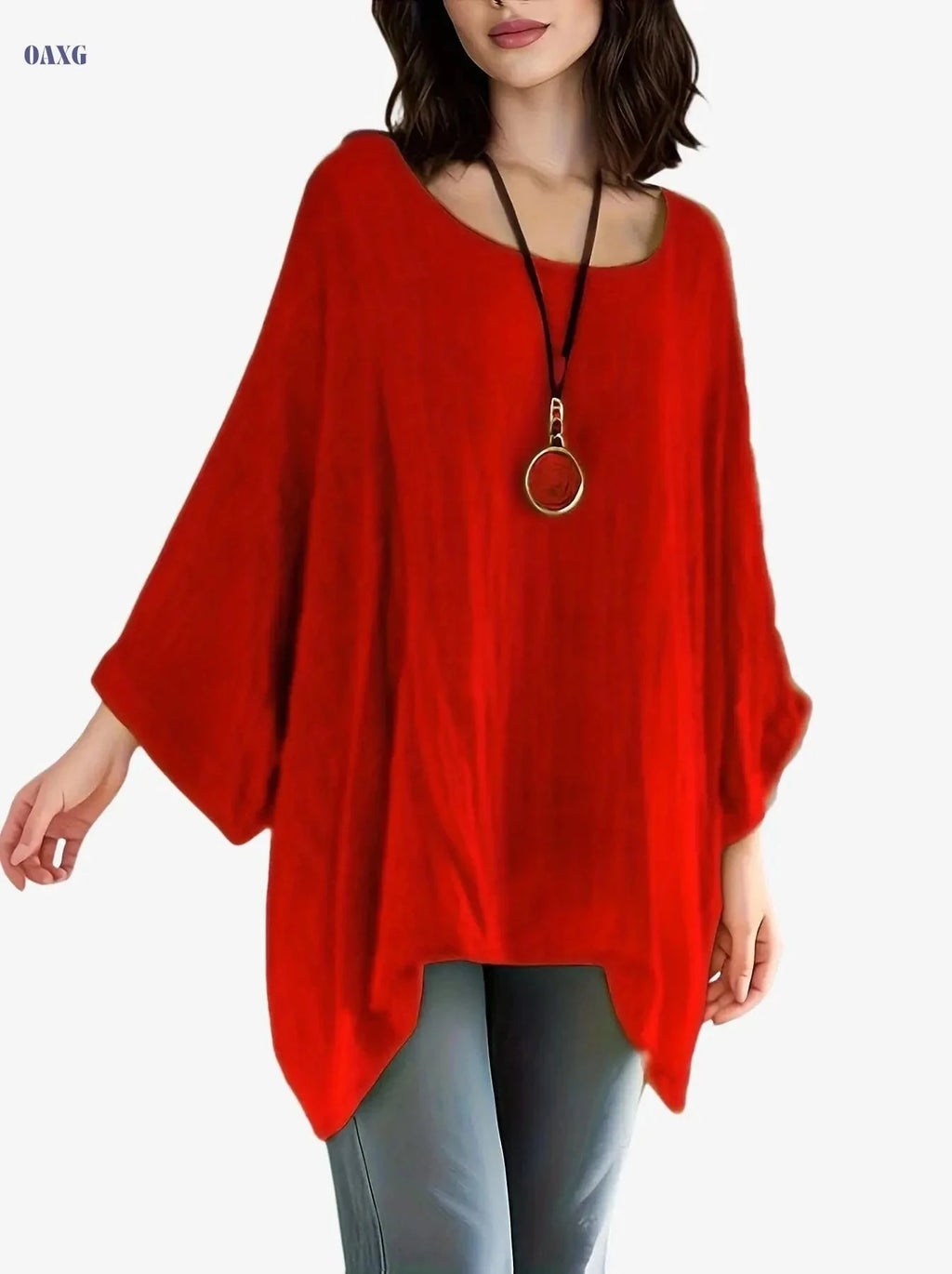 Women's Casual Polyester Tunic Top - Long Sleeve, Batwing Sleeve Style   OAXG 
