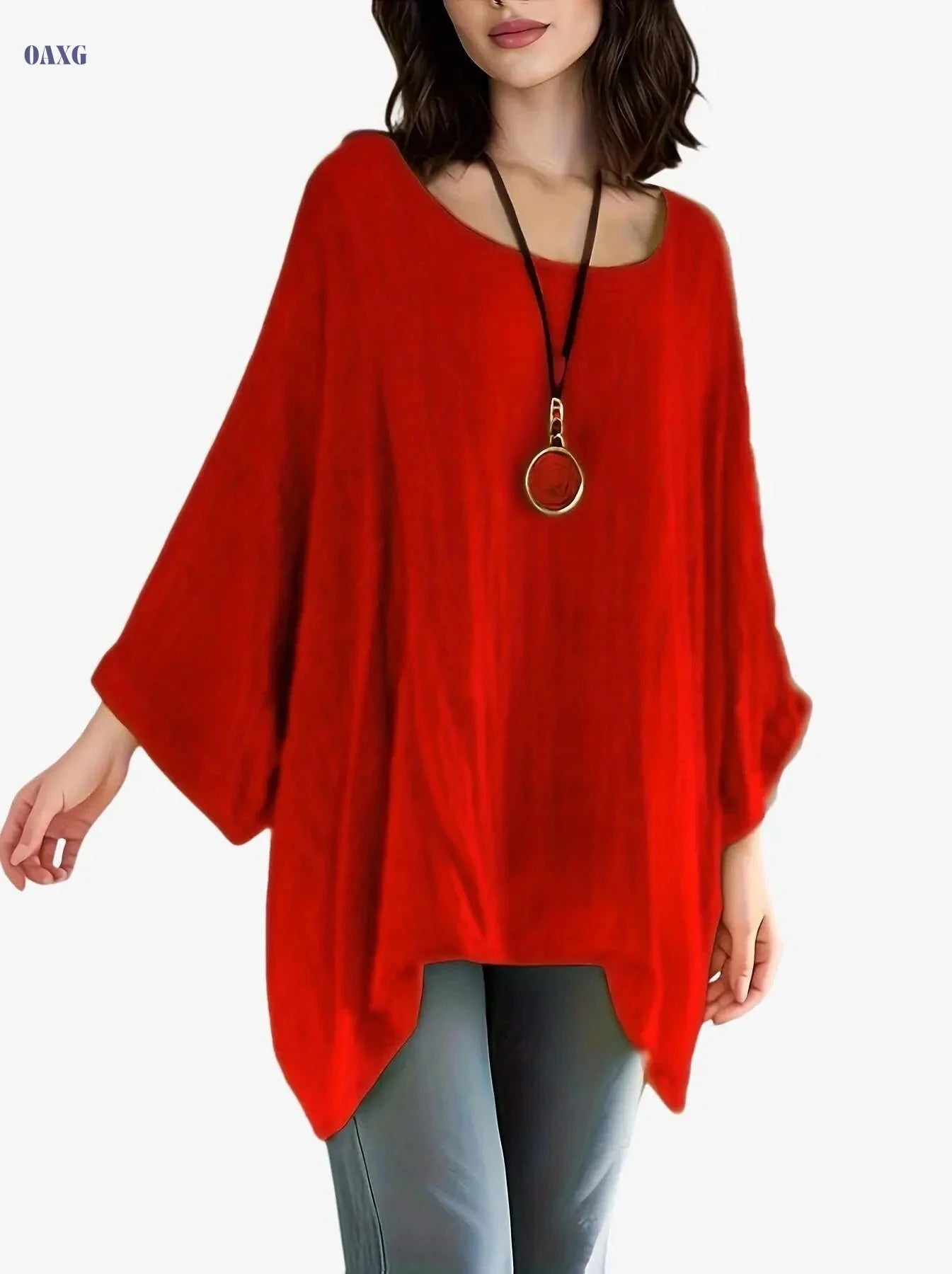 Women's Casual Polyester Tunic Top - Long Sleeve, Batwing Sleeve Style   OAXG 