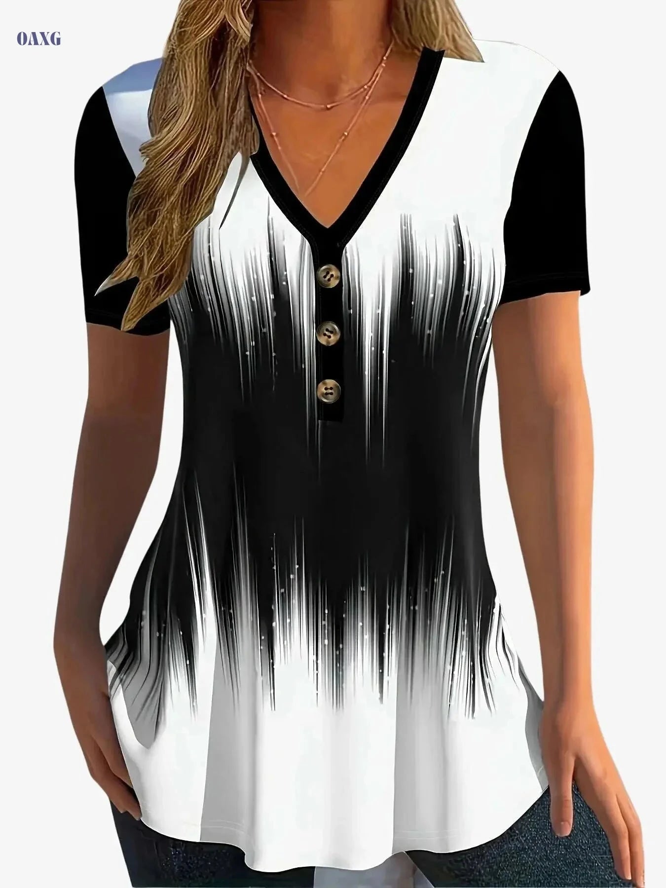 Women's Casual Pop Art T-Shirt - V-Collar & Vertical Stripe Print   OAXG Mixed Color / S