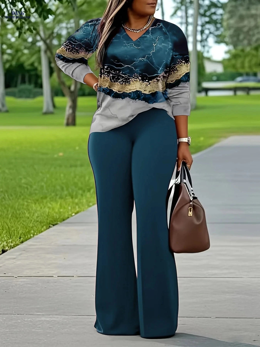 Women's Casual Printed Long Sleeve & Pants Set - Perfect for Spring   OAXG Black / S