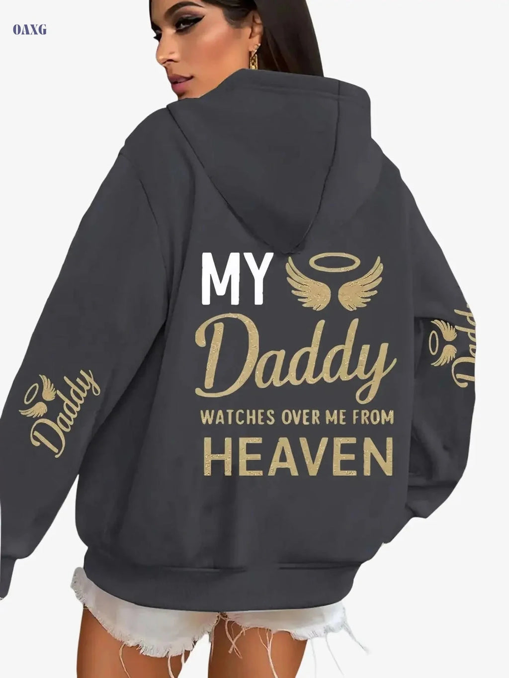 Women's Casual Privacy Hoodie - "My Daddy Watches Over Me" Print   OAXG Black / S