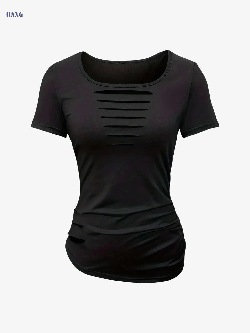 Women's Casual Ripped T-Shirt - Solid Color Crew Neck for Summer   OAXG Black / S