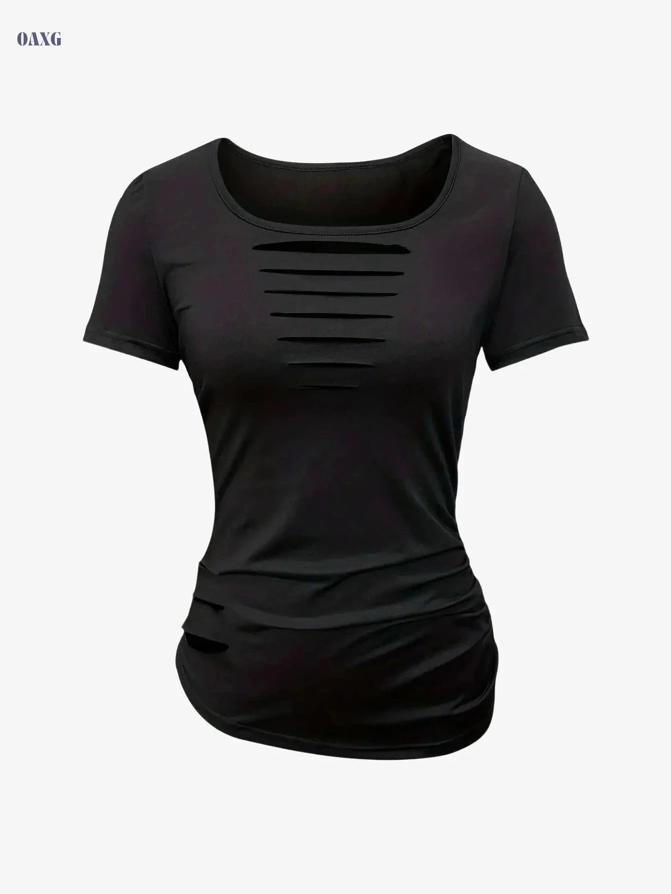 Women's Casual Ripped T-Shirt - Solid Color Crew Neck for Summer   OAXG Black / S