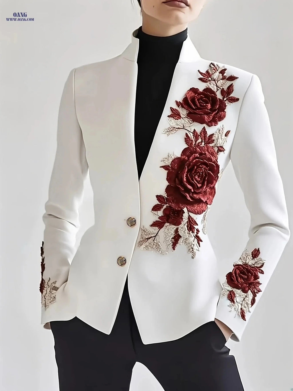 Women's Casual Rose Embroidered Blazer - Spring/Fall Fashion   OAXG White / S