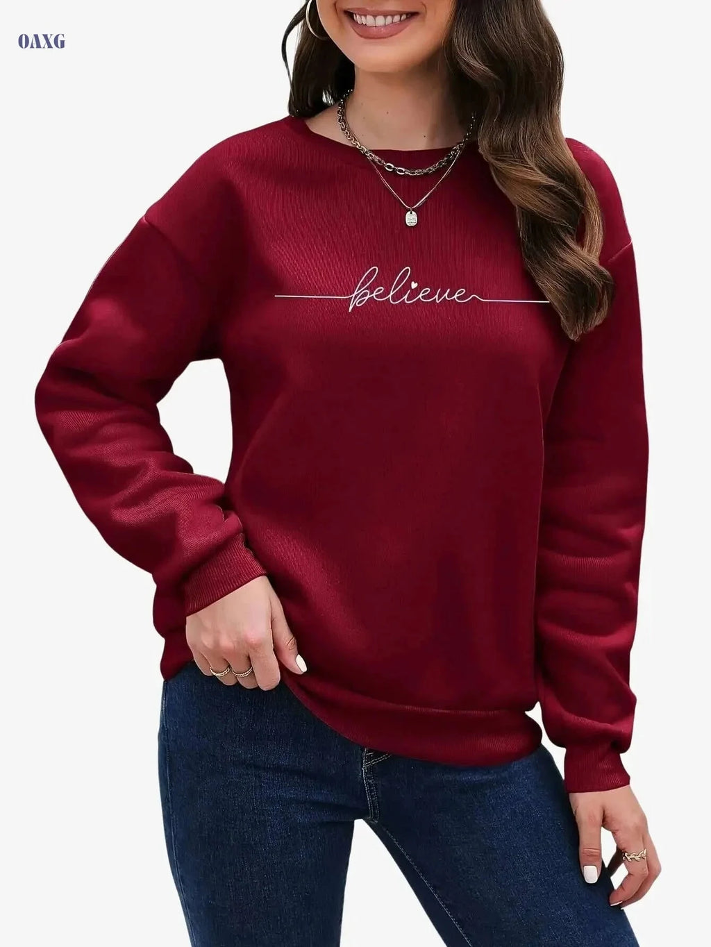 Women’s Casual Round Neck Sweatshirt - Soft Letter Print, Long Sleeve   OAXG Dark Green / XS