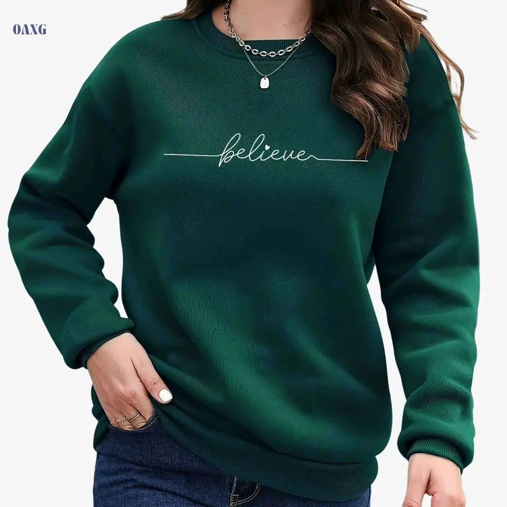 Women’s Casual Round Neck Sweatshirt - Soft Letter Print, Long Sleeve   OAXG Dark Green / XS