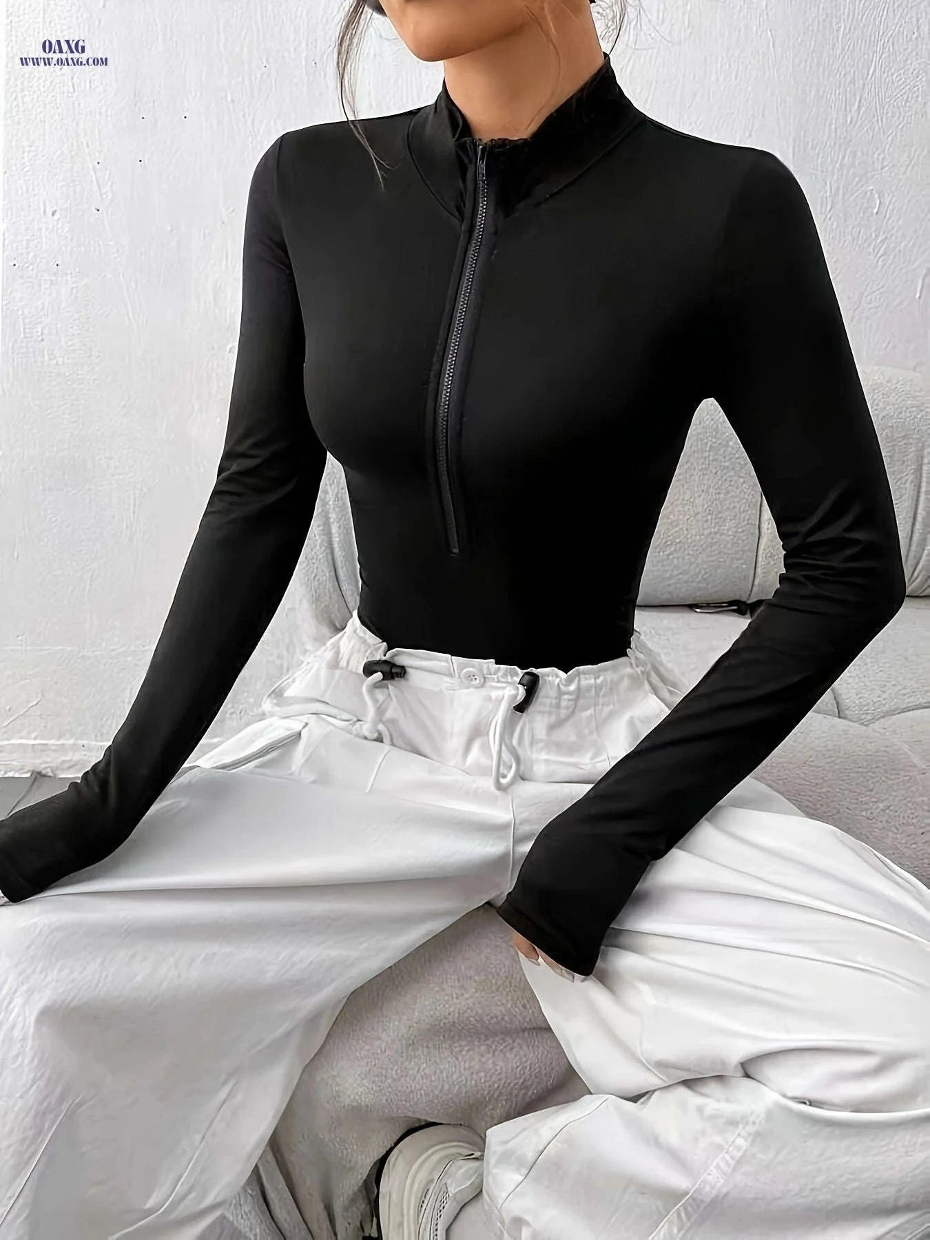 Women's Casual Sexy Zip-Up Bodysuit - Long Sleeve & Stand Collar   OAXG Black / S