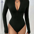 Women's Casual Sexy Zip-Up Bodysuit - Long Sleeve & Stand Collar   OAXG Black / S