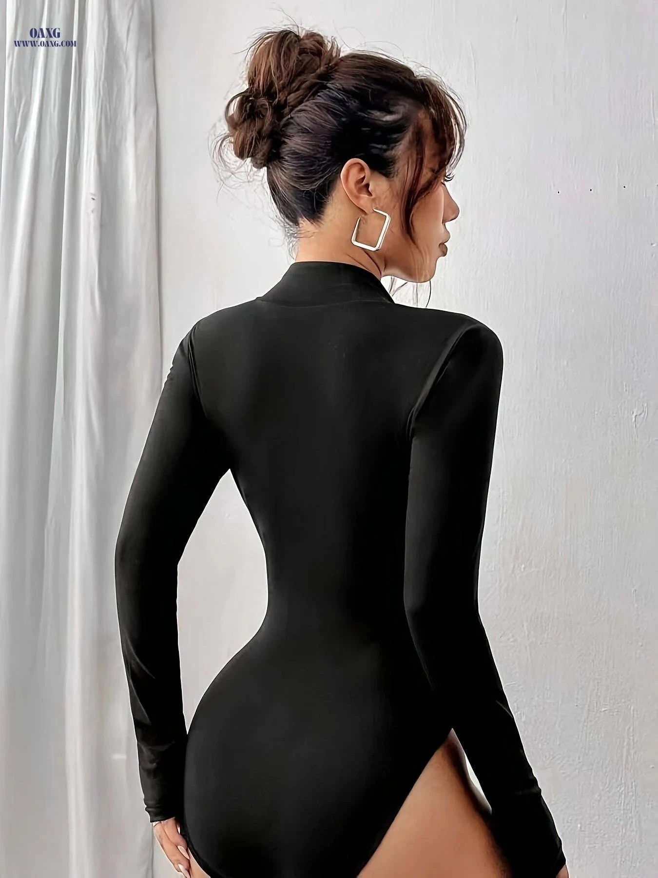Women's Casual Sexy Zip-Up Bodysuit - Long Sleeve & Stand Collar   OAXG Black / S
