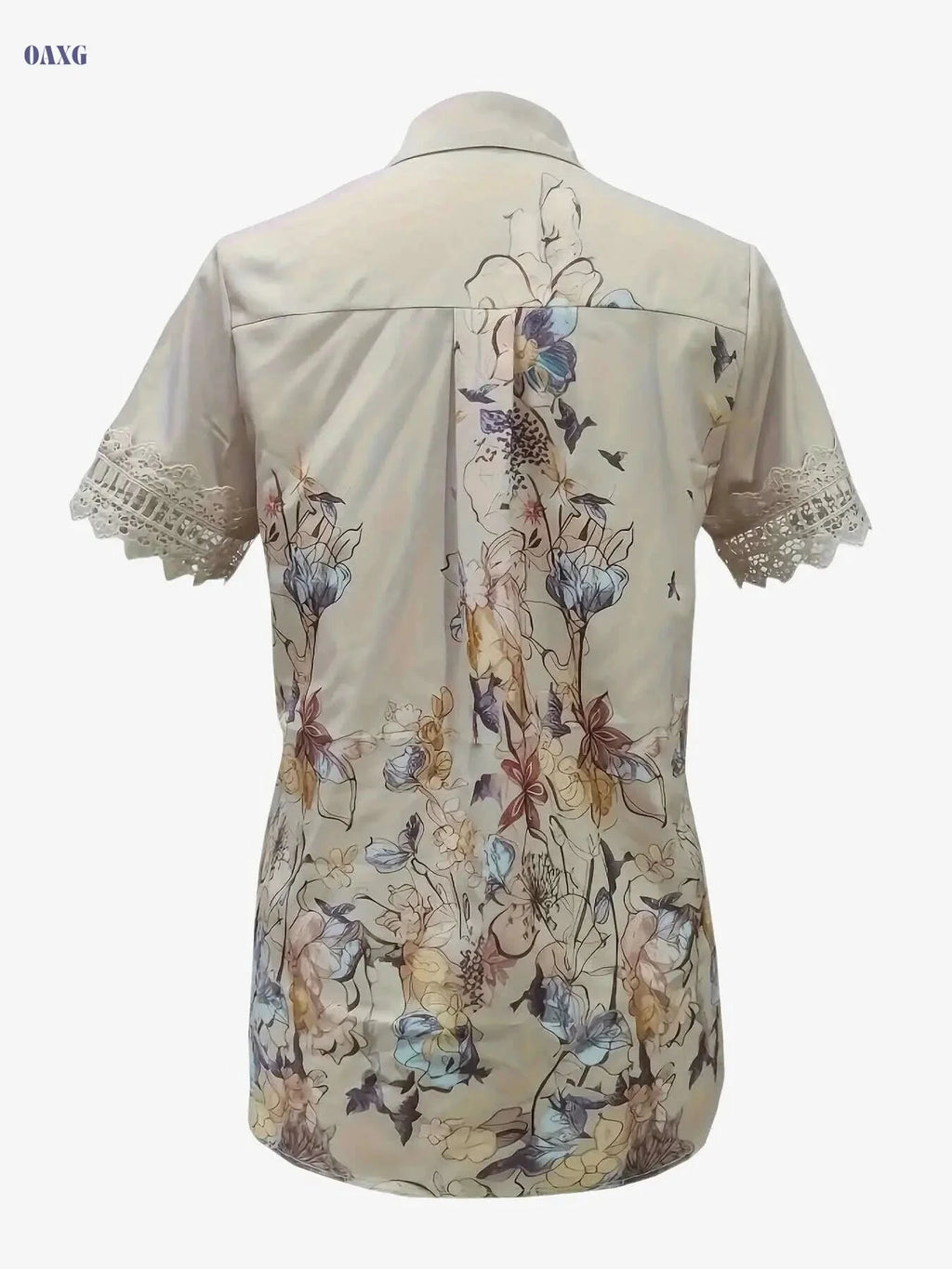 Women's Casual Short Sleeve Blouse - Ruffled Lace Trim, Loose Fit   OAXG Apricot / S