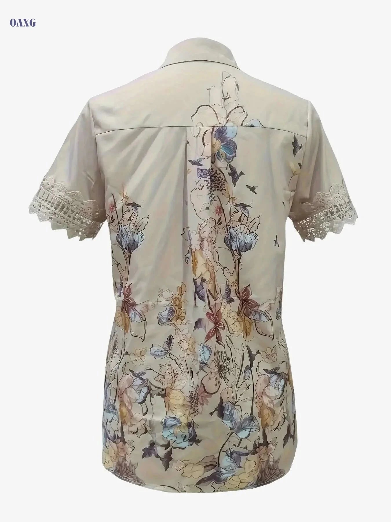 Women's Casual Short Sleeve Blouse - Ruffled Lace Trim, Loose Fit   OAXG Apricot / S