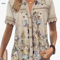 Women's Casual Short Sleeve Blouse - Ruffled Lace Trim, Loose Fit   OAXG Apricot / S