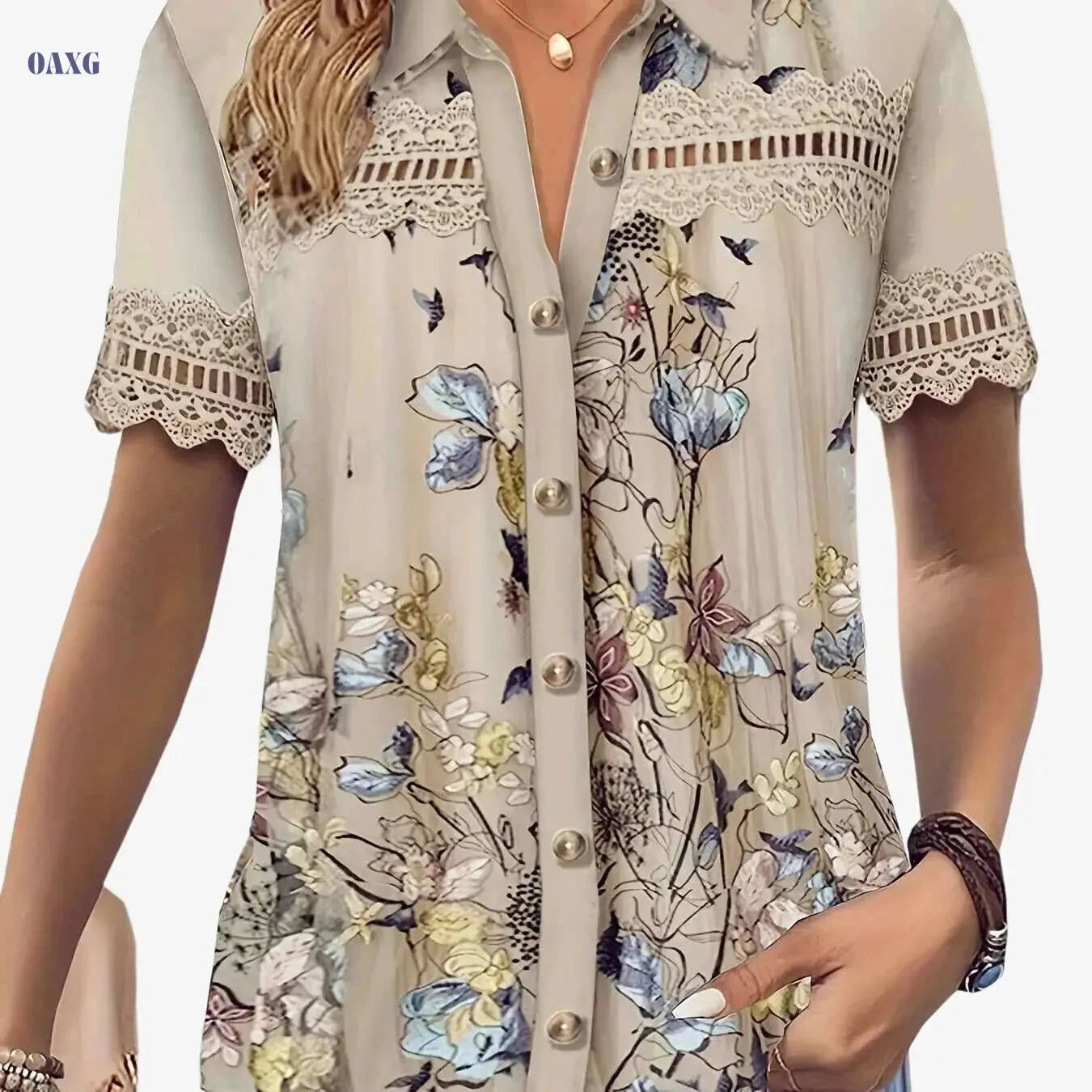 Women's Casual Short Sleeve Blouse - Ruffled Lace Trim, Loose Fit   OAXG Apricot / S