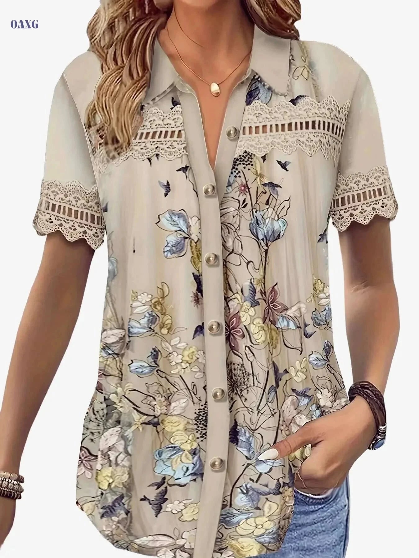 Women's Casual Short Sleeve Blouse - Ruffled Lace Trim, Loose Fit   OAXG Apricot / S