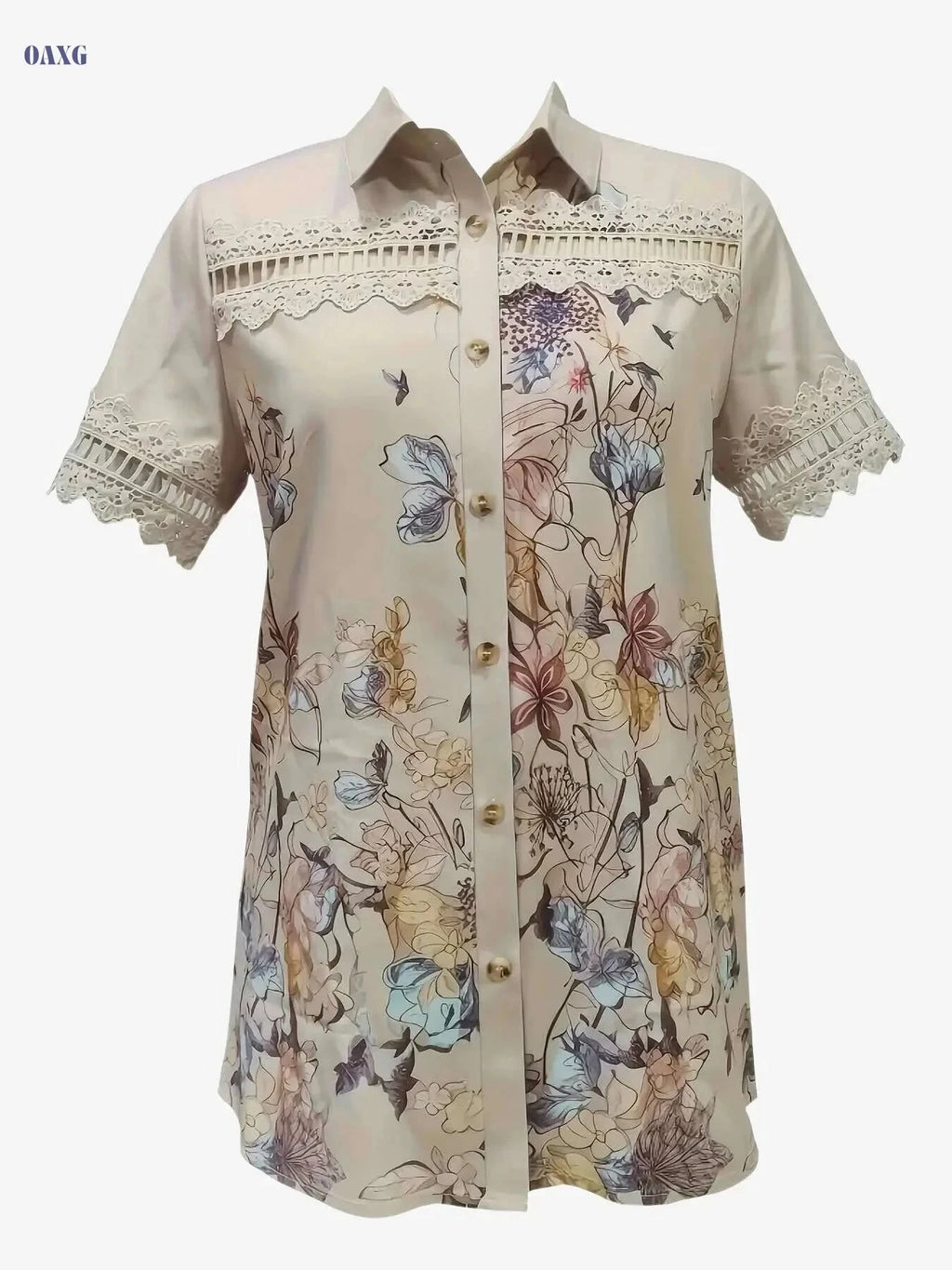 Women's Casual Short Sleeve Blouse - Ruffled Lace Trim, Loose Fit   OAXG 