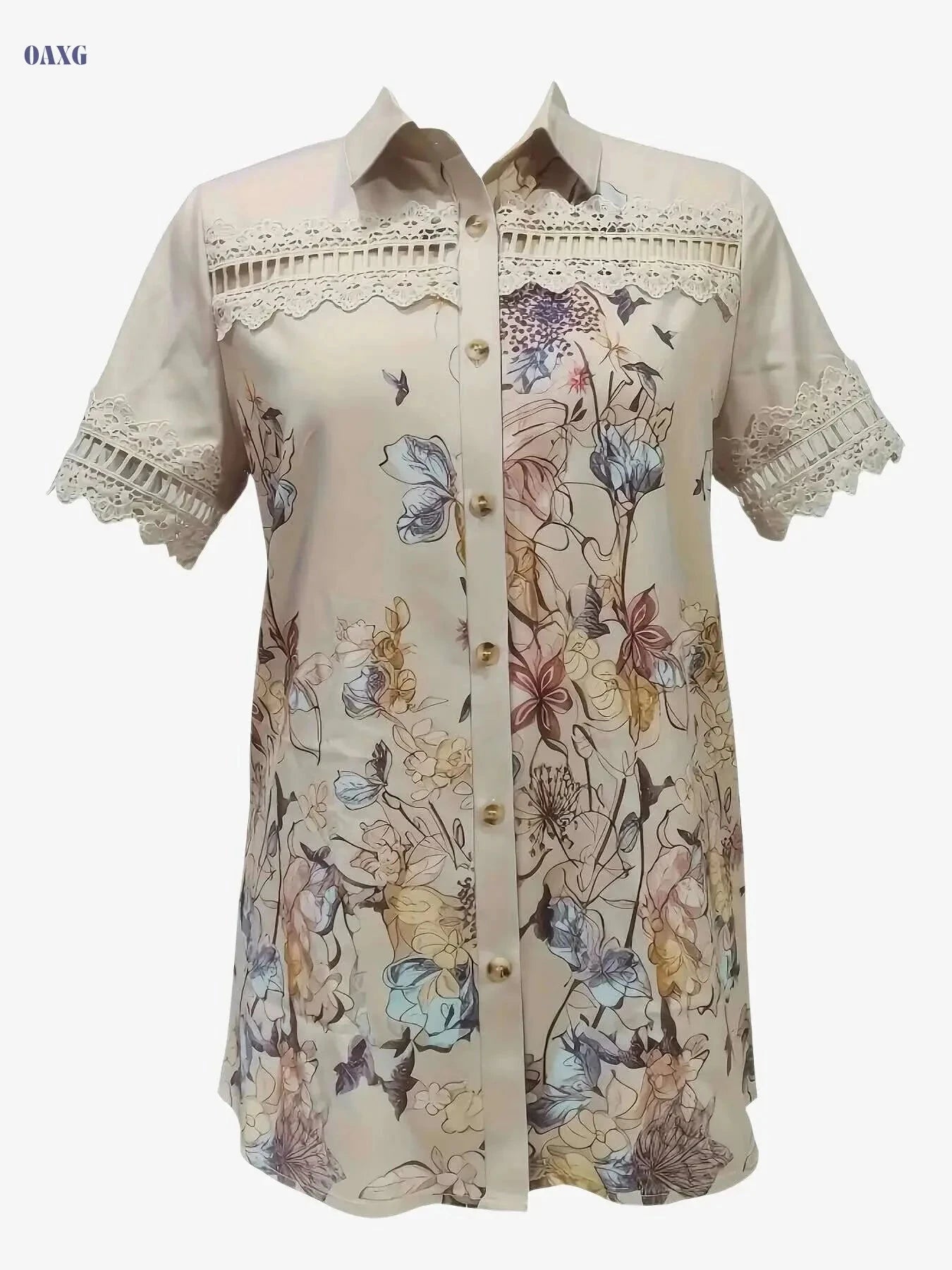 Women's Casual Short Sleeve Blouse - Ruffled Lace Trim, Loose Fit   OAXG 