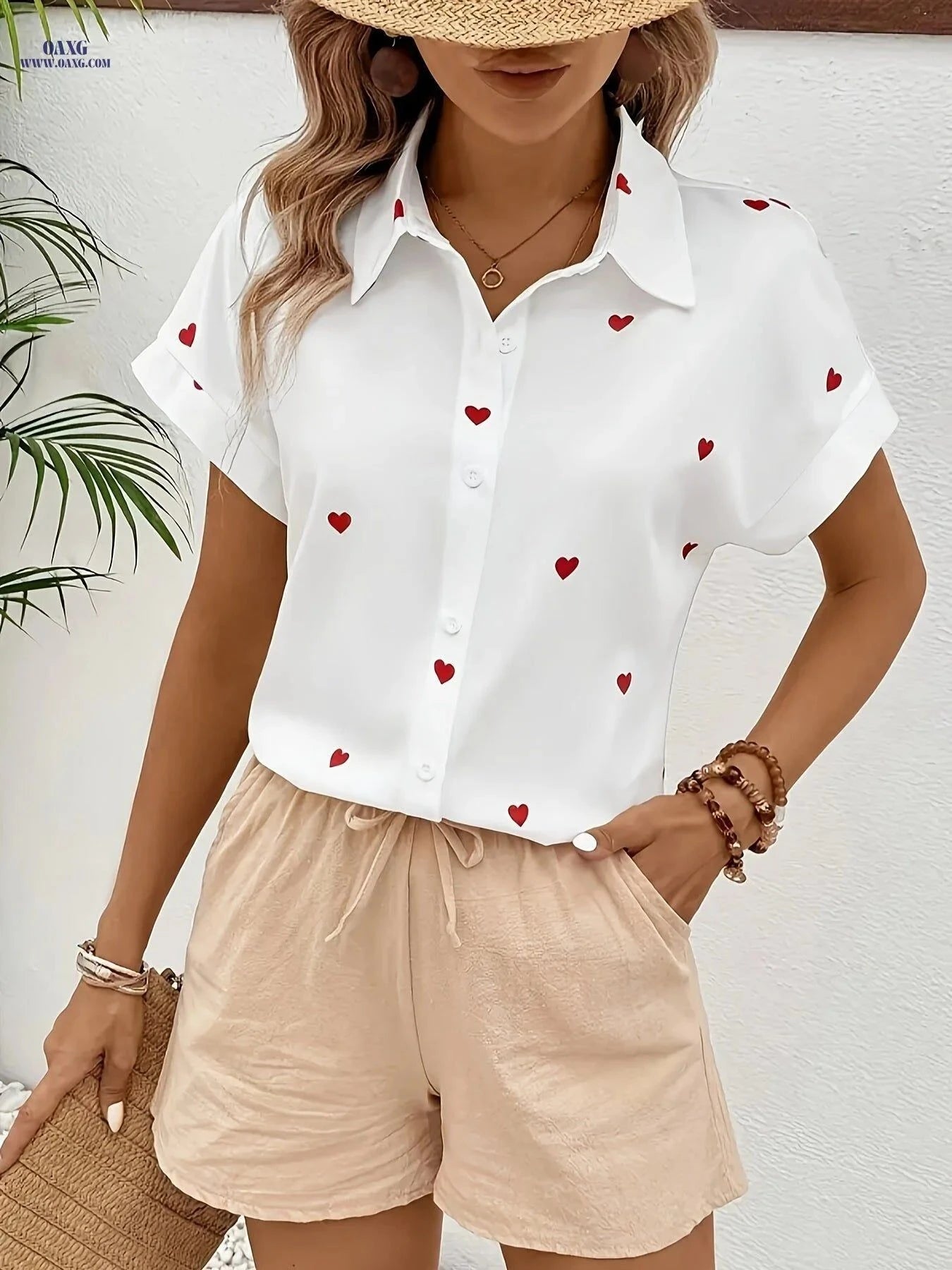 Women’s Casual Short-Sleeve Heart Print Shirt - Opaque Polyester Top   OAXG White / S