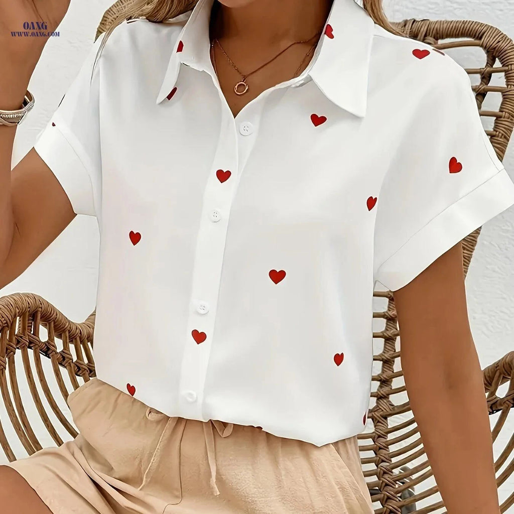 Women’s Casual Short-Sleeve Heart Print Shirt - Opaque Polyester Top   OAXG White / S